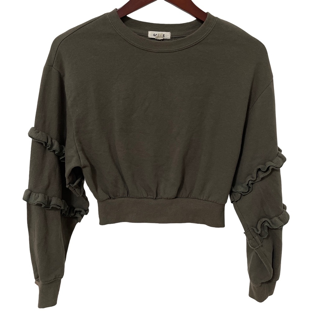 GARAGE Women’s Size XS Green Cropped Ruffle Dolman Sleeve Pullover Sweatshirt